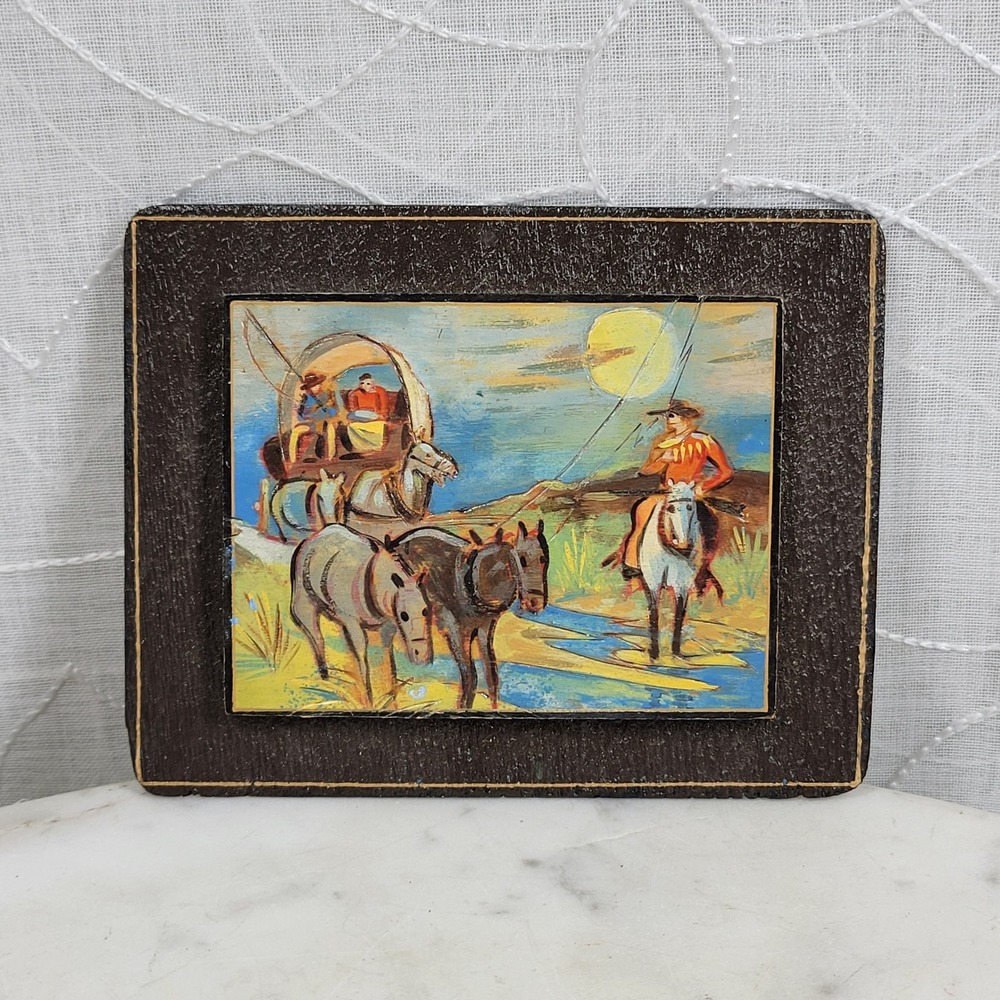 Miniature Signed Western Folk Art Carved Painting 1981 Cowboy Wagon Vintage